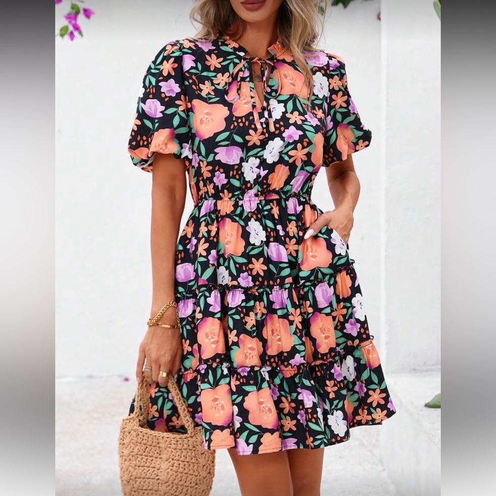 Orange and black floral print dress